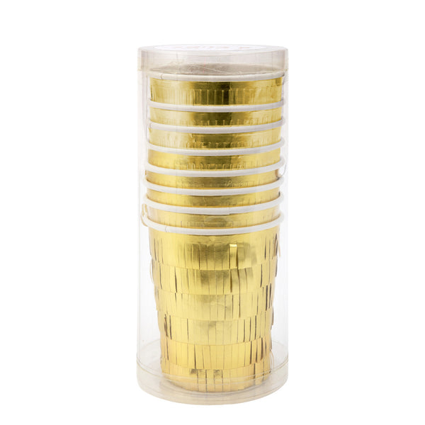Gold Fringe Party Cups – Pack de 8 Vasos de Papel Dorados con Flecos