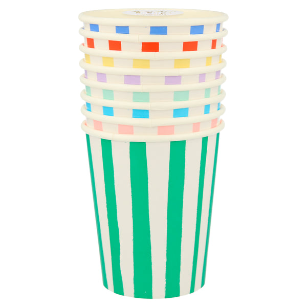 Mixed Stripe Cups – Pack de 8 Vasos de Papel para Fiesta Temática