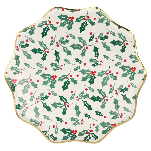 Platos Holly Pattern Dinner – Platos de Papel Navideños Tamaño Grande (8 piezas)