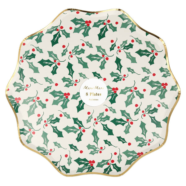 Platos Holly Pattern Dinner – Platos de Papel Navideños Tamaño Grande (8 piezas)