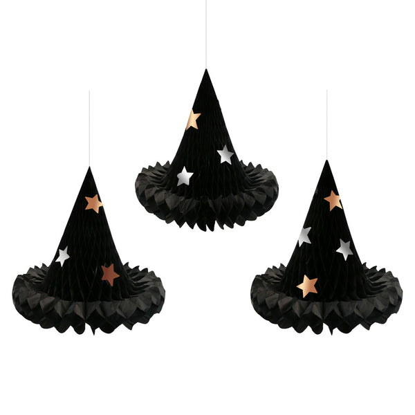 Decoración Honeycomb Sombrero de Bruja x3 – Adornos 3D de Papel para Halloween