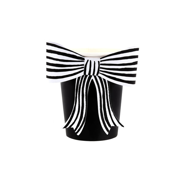 Vasos Blanco y Negro con Moño Rayado – Pack de 8 Vasos de Papel Elegantes para Fiesta