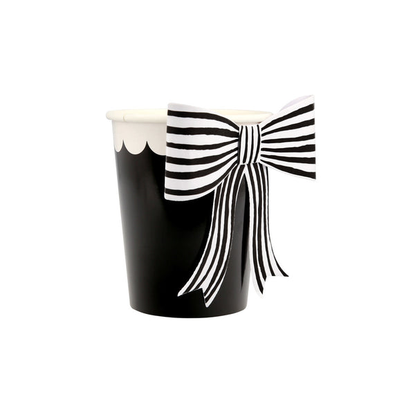 Vasos Blanco y Negro con Moño Rayado – Pack de 8 Vasos de Papel Elegantes para Fiesta