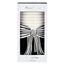 Vasos Blanco y Negro con Moño Rayado – Pack de 8 Vasos de Papel Elegantes para Fiesta