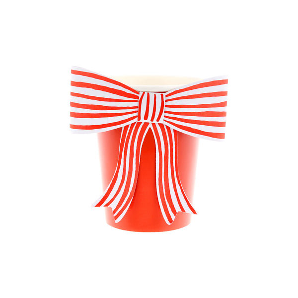 Vasos Blanco y Rojo con Moño Rayado – Pack de 8 Vasos de Papel Elegantes para Fiesta