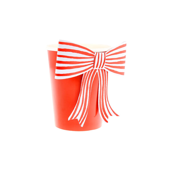 Vasos Blanco y Rojo con Moño Rayado – Pack de 8 Vasos de Papel Elegantes para Fiesta