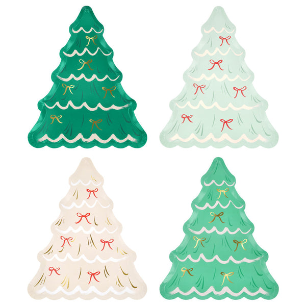 Platos Árbol de Navidad con Moños – Pack de 8 Platos de Papel Troquelados