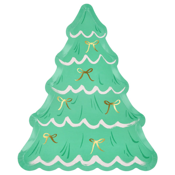 Platos Árbol de Navidad con Moños – Pack de 8 Platos de Papel Troquelados