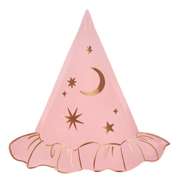Platos Sombrero de Bruja Rosa – Pack de 8 Platos de Papel para Halloween Elegante