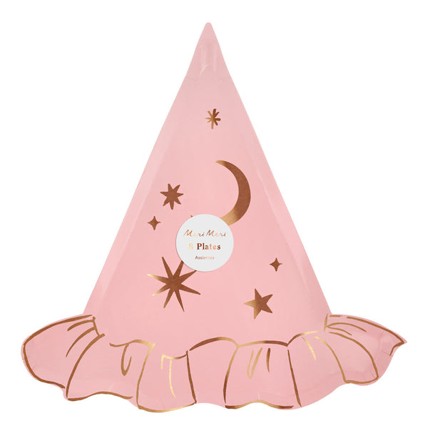 Platos Sombrero de Bruja Rosa – Pack de 8 Platos de Papel para Halloween Elegante