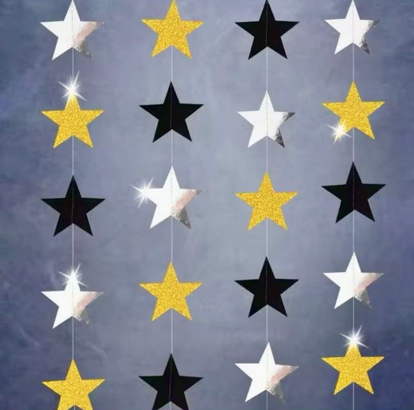 Guirnalda Estrellitas Doradas, Negras y Plata