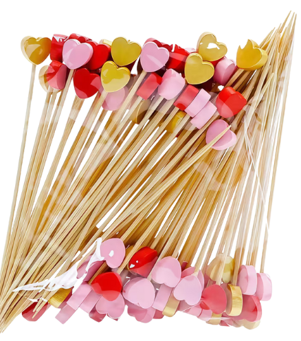 Palillos de Corazón para Aperitivos - Paquete de 10. Colores rojo, rosa o dorado