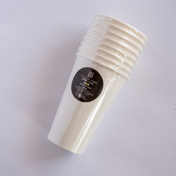 Vasos Grande Blanco – Pack de 8 Vasos de Papel Blancos de 16 oz para Fiestas y Eventos