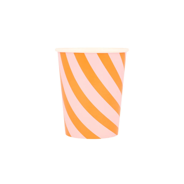 Vasos Rayados Rosa y Naranja – Pack de 8 Vasos de Papel para Fiestas Divertidas