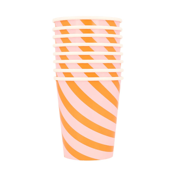 Vasos Rayados Rosa y Naranja – Pack de 8 Vasos de Papel para Fiestas Divertidas