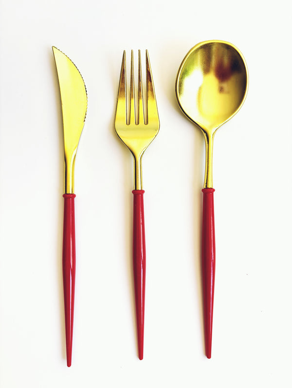 Cubiertos Desechables Rojo y Dorado