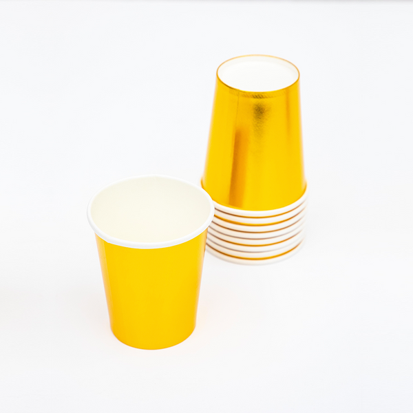 Vasos Chico Dorado Metálico 8 oz – Pack de 8 Vasos de Papel para Fiestas Elegantes y Brillantes