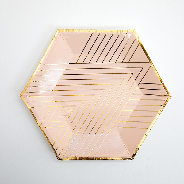 Platos Rosa con Líneas Doradas – Pack de 8 Platos de Cartón