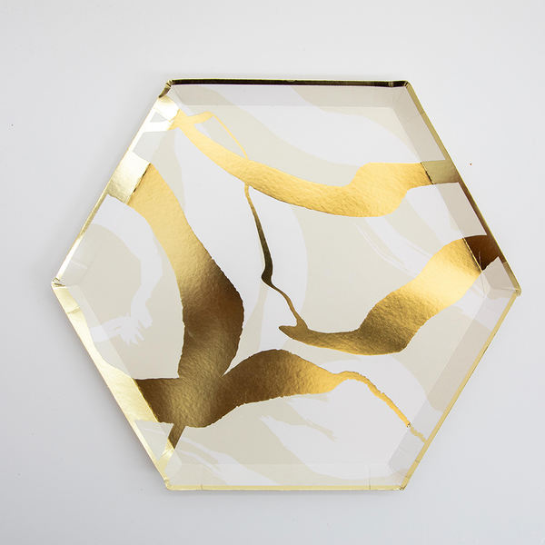 Platos Blush Marble & Gold Foil 10.75” – Pack de 8 Platos Grandes de Papel con Diseño Mármol Rosado y Dorado