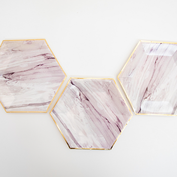 Platos Mármol Morado – Pack de 8 Platos de Cartón con Diseño Elegante Mármol y Detalles Dorados
