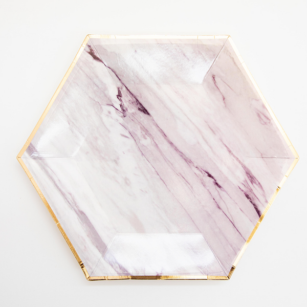 Platos Mármol Morado – Pack de 8 Platos de Cartón con Diseño Elegante Mármol y Detalles Dorados